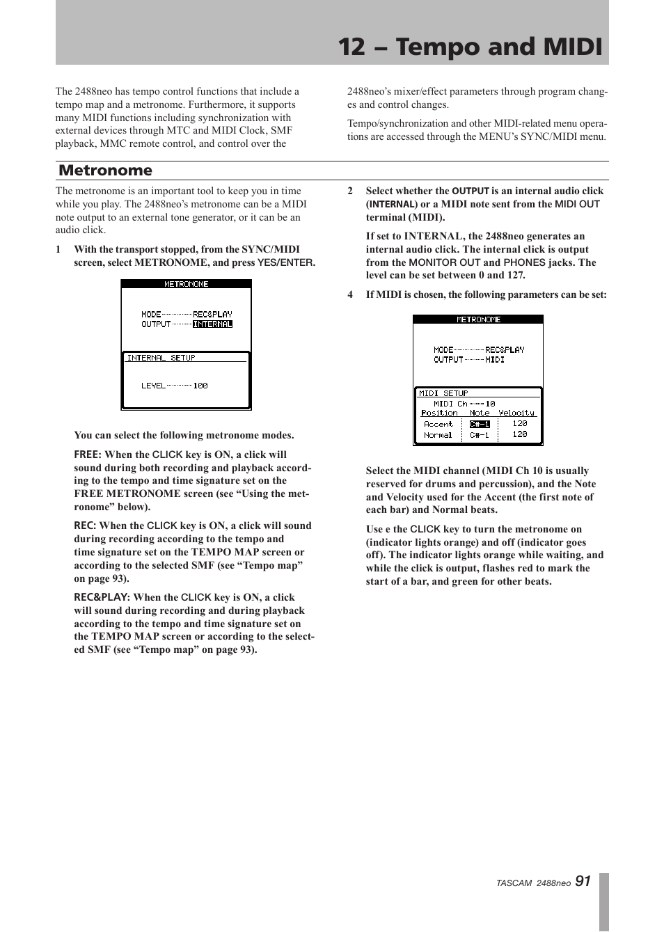 12 − tempo and midi, Metronome | Tascam 2488neo User Manual | Page 91 / 124