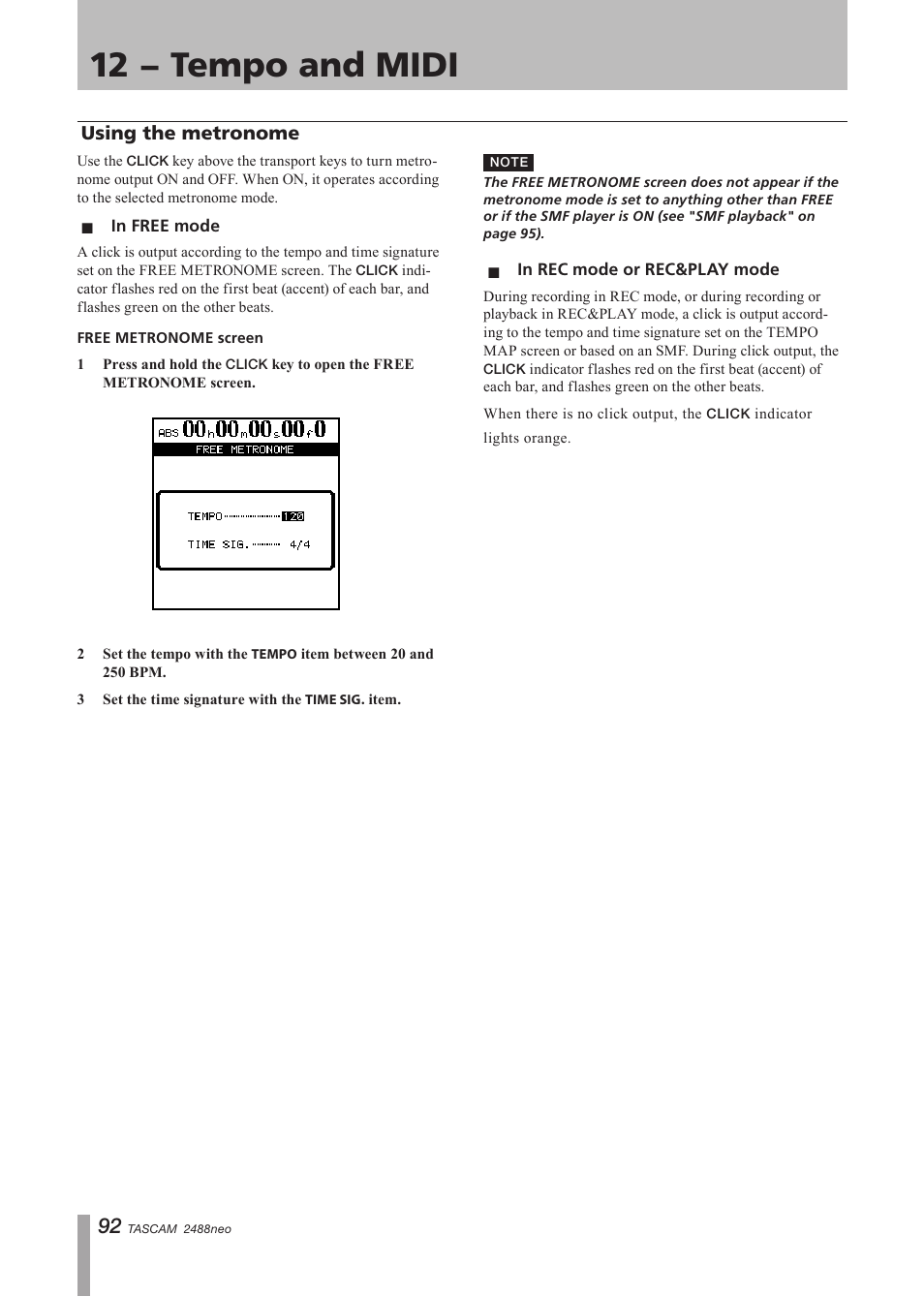 Using the metronome, In free mode, In rec mode or rec&play mode | Tempo map, In free mode in rec mode or rec&play mode, 12 − tempo and midi | Tascam 2488neo User Manual | Page 92 / 124