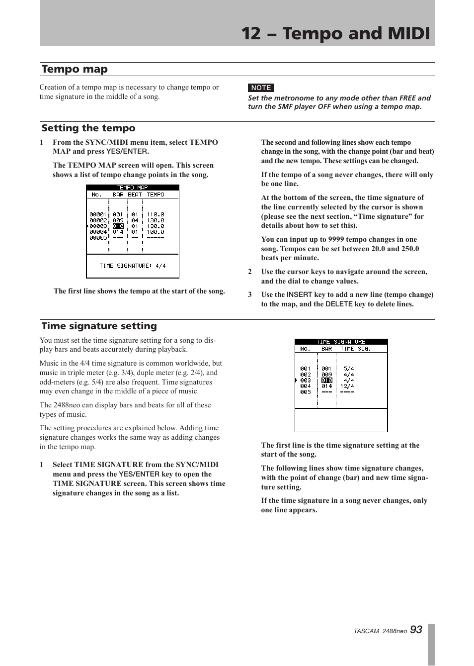 Setting the tempo, Time signature setting, Tempo map | Setting the tempo time signature setting, 12 − tempo and midi | Tascam 2488neo User Manual | Page 93 / 124