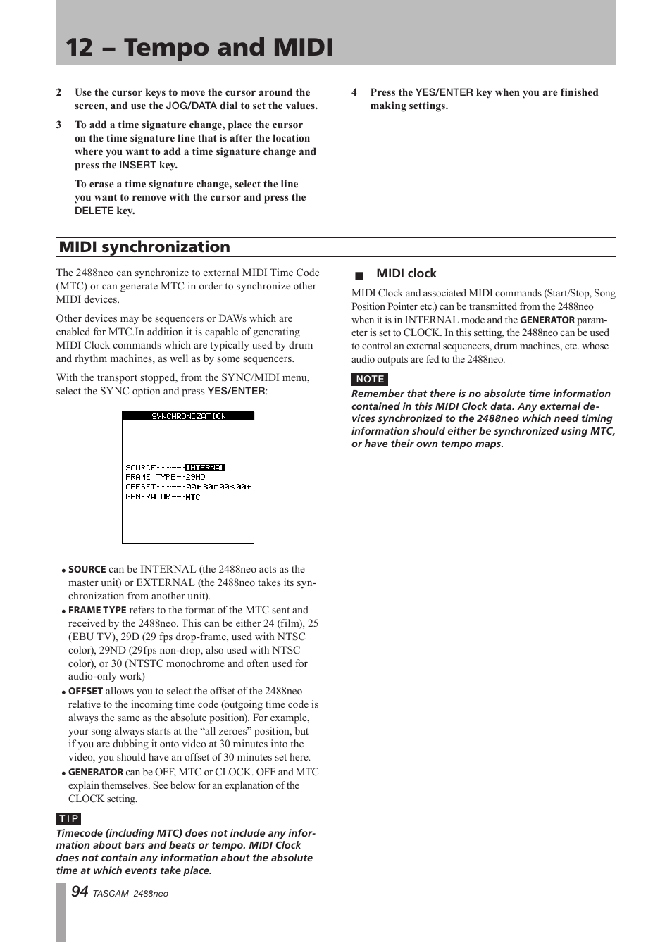 Midi synchronization, Midi clock, 12 − tempo and midi | Tascam 2488neo User Manual | Page 94 / 124