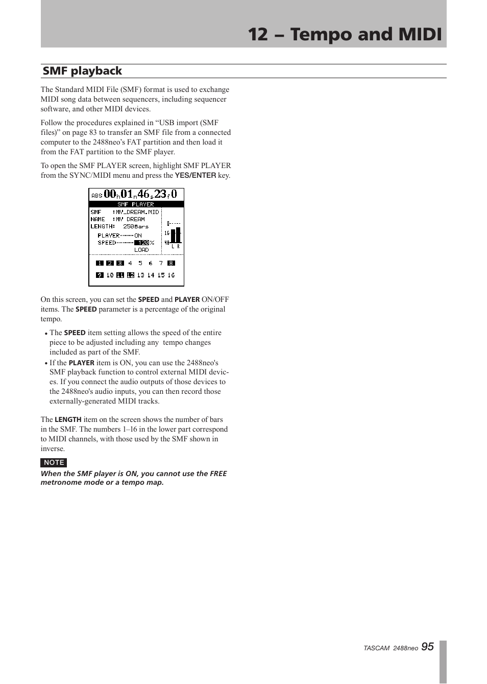 Smf playback, 12 − tempo and midi | Tascam 2488neo User Manual | Page 95 / 124