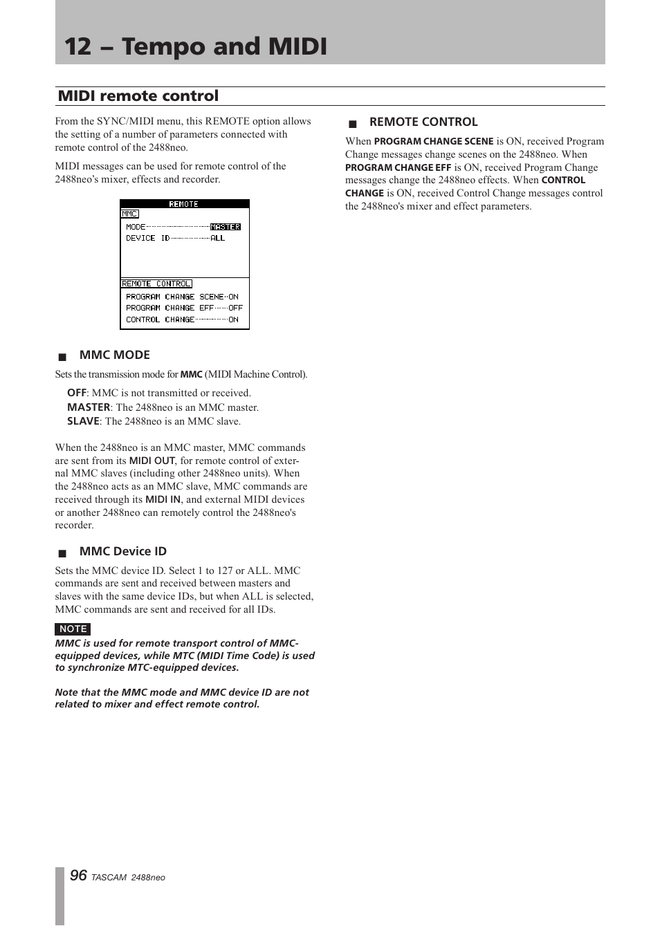 Midi remote control, Mmc mode, Mmc device id | Remote control, Mmc mode mmc device id remote control, 12 − tempo and midi | Tascam 2488neo User Manual | Page 96 / 124