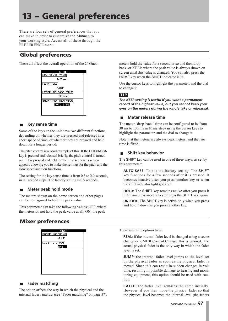 13 − general preferences, Global preferences, Key sense time | Meter peak hold mode, Meter release time, Shift key behavior, Mixer preferences, Fader matching, E “shift | Tascam 2488neo User Manual | Page 97 / 124