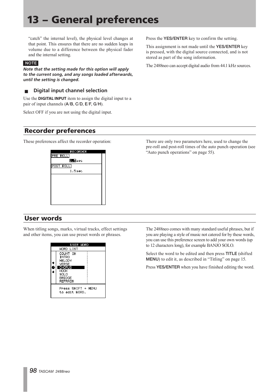 Digital input channel selection, Recorder preferences, User words | Recorder preferences user words, Recorder prefer, Ences, 13 − general preferences | Tascam 2488neo User Manual | Page 98 / 124