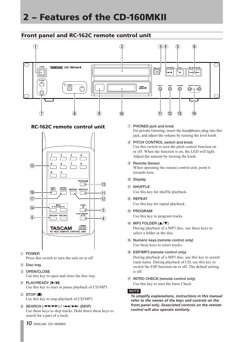 2 − features of the cd-160mkii, Front panel and rc-160 remote control unit, 2 − features of the | Cd-160mkii, Front panel and rc-162c remote control unit | Tascam CD-160MK User Manual | Page 10 / 24