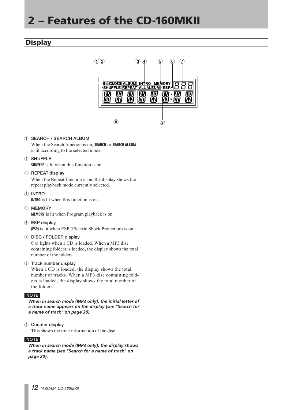 Display, 2 − features of the cd-160mkii | Tascam CD-160MK User Manual | Page 12 / 24