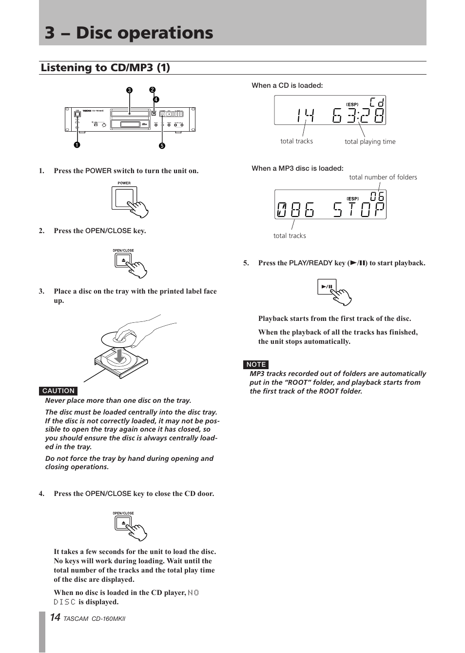 Listening to cd/mp3 (1), 3 − disc operations | Tascam CD-160MK User Manual | Page 14 / 24