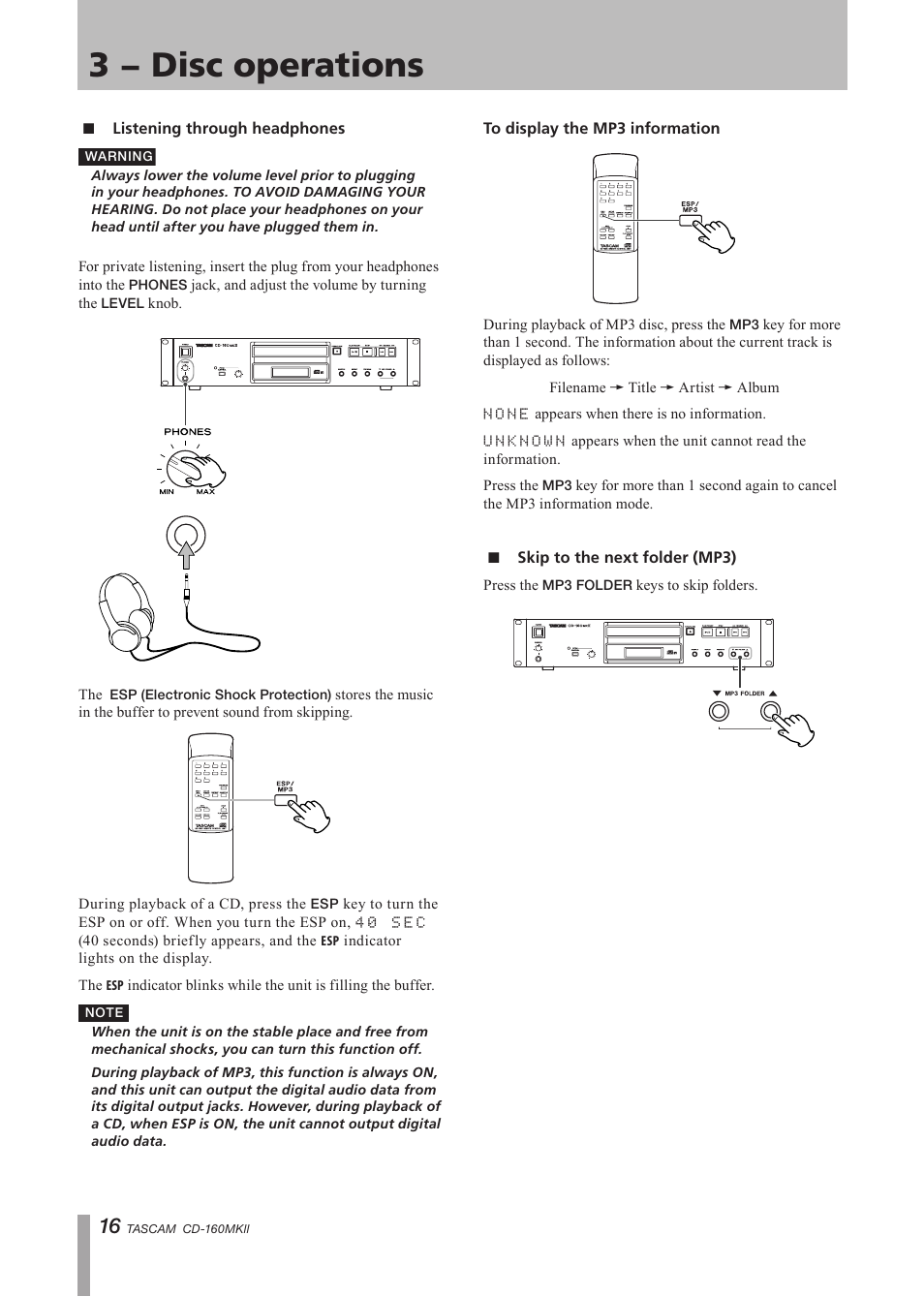 Listening through headphones, To display the mp3 information, Skip to the next folder (mp3) | 3 − disc operations | Tascam CD-160MK User Manual | Page 16 / 24