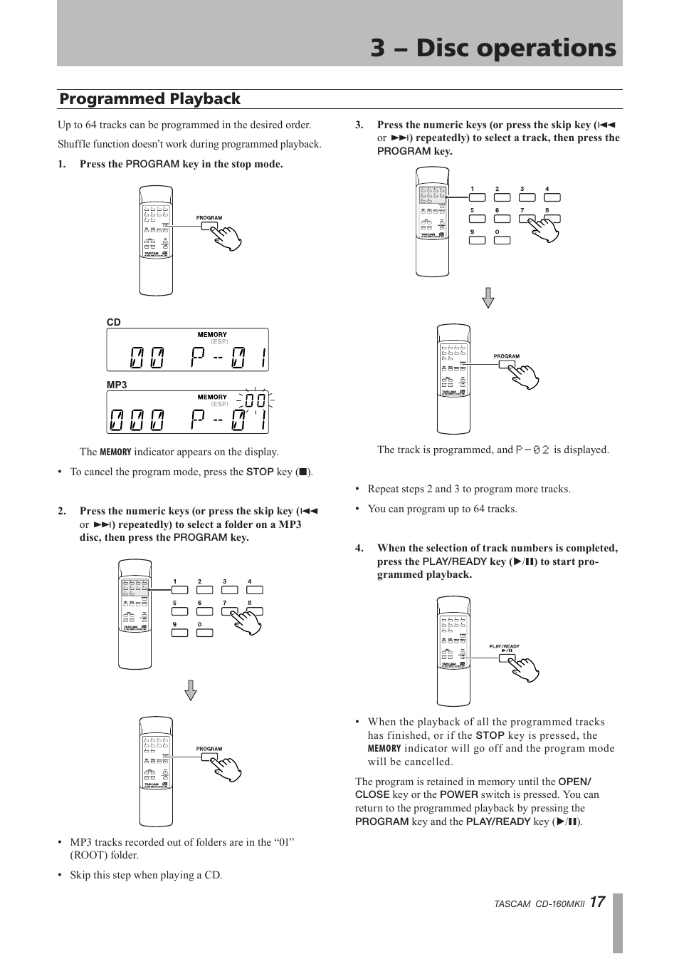 Programmed playback, 3 − disc operations | Tascam CD-160MK User Manual | Page 17 / 24