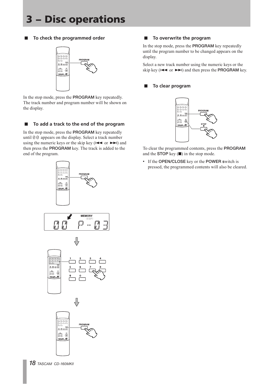 To check the programmed order, To add a track to the end of the program, To overwrite the program | To clear program, The program, To overwrite the program to clear program, 3 − disc operations | Tascam CD-160MK User Manual | Page 18 / 24