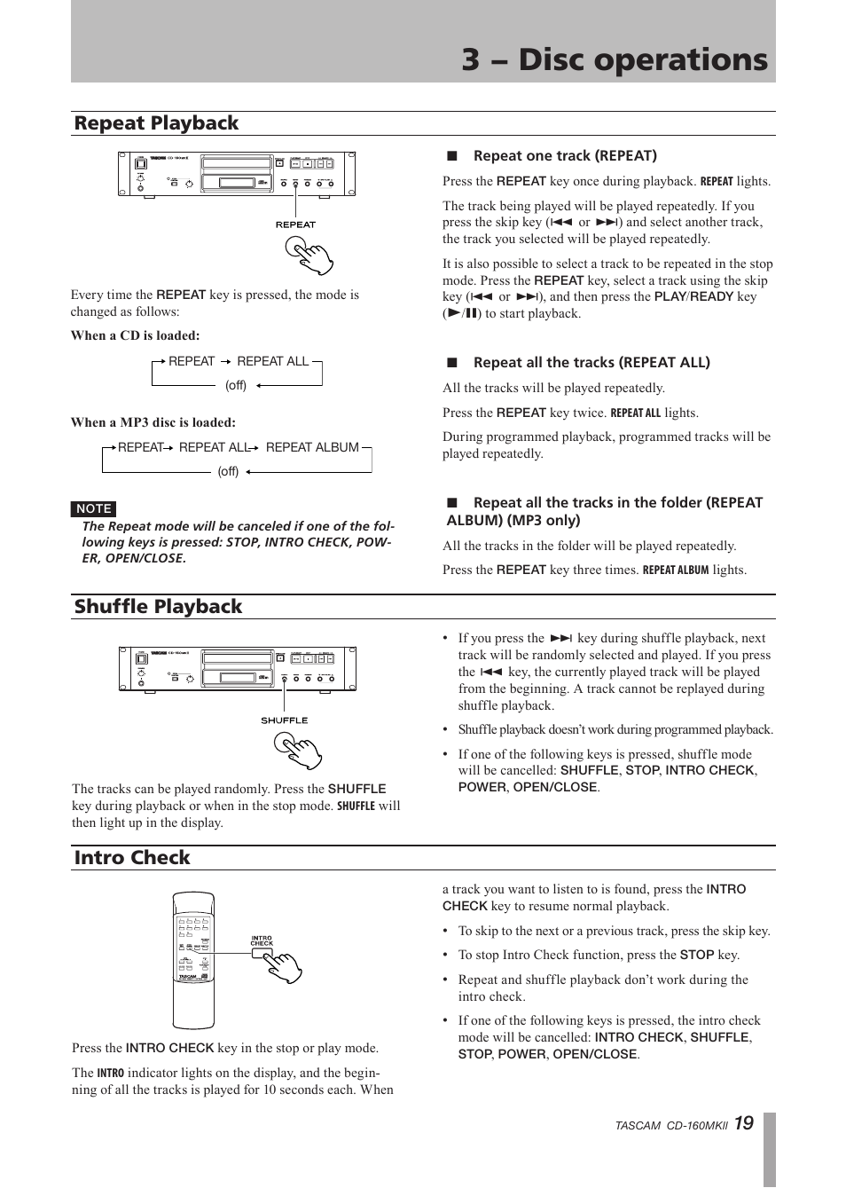 Repeat playback, Repeat one track (repeat), Repeat all the tracks (repeat all) | Shuffle playback, Intro check, Repeat album) (mp3 only), Shuffle playback intro check, 3 − disc operations | Tascam CD-160MK User Manual | Page 19 / 24