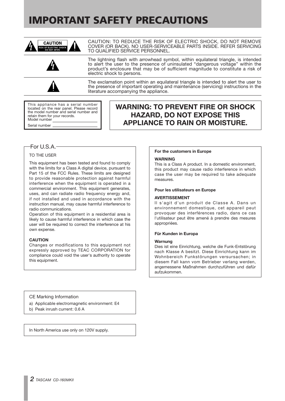 Important safety precautions | Tascam CD-160MK User Manual | Page 2 / 24