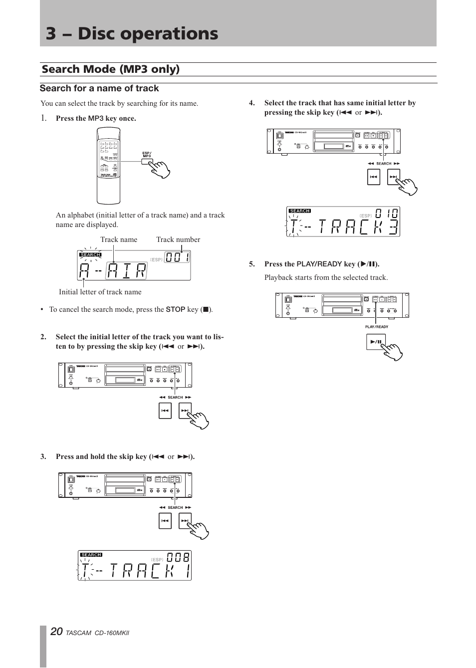 Search mode (mp3 only), Search for a name of track, 3 − disc operations | Tascam CD-160MK User Manual | Page 20 / 24