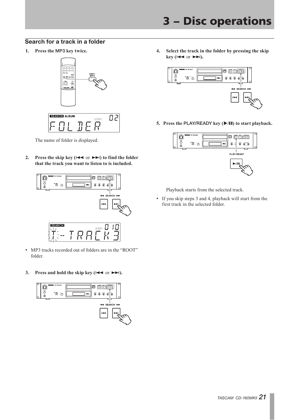 Search for a track in a folder, 3 − disc operations | Tascam CD-160MK User Manual | Page 21 / 24