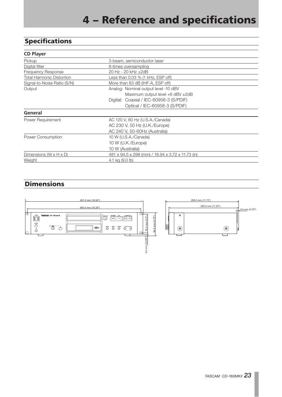 Specifications, Dimensions, Specifications dimensions | 4 − reference and specifications | Tascam CD-160MK User Manual | Page 23 / 24