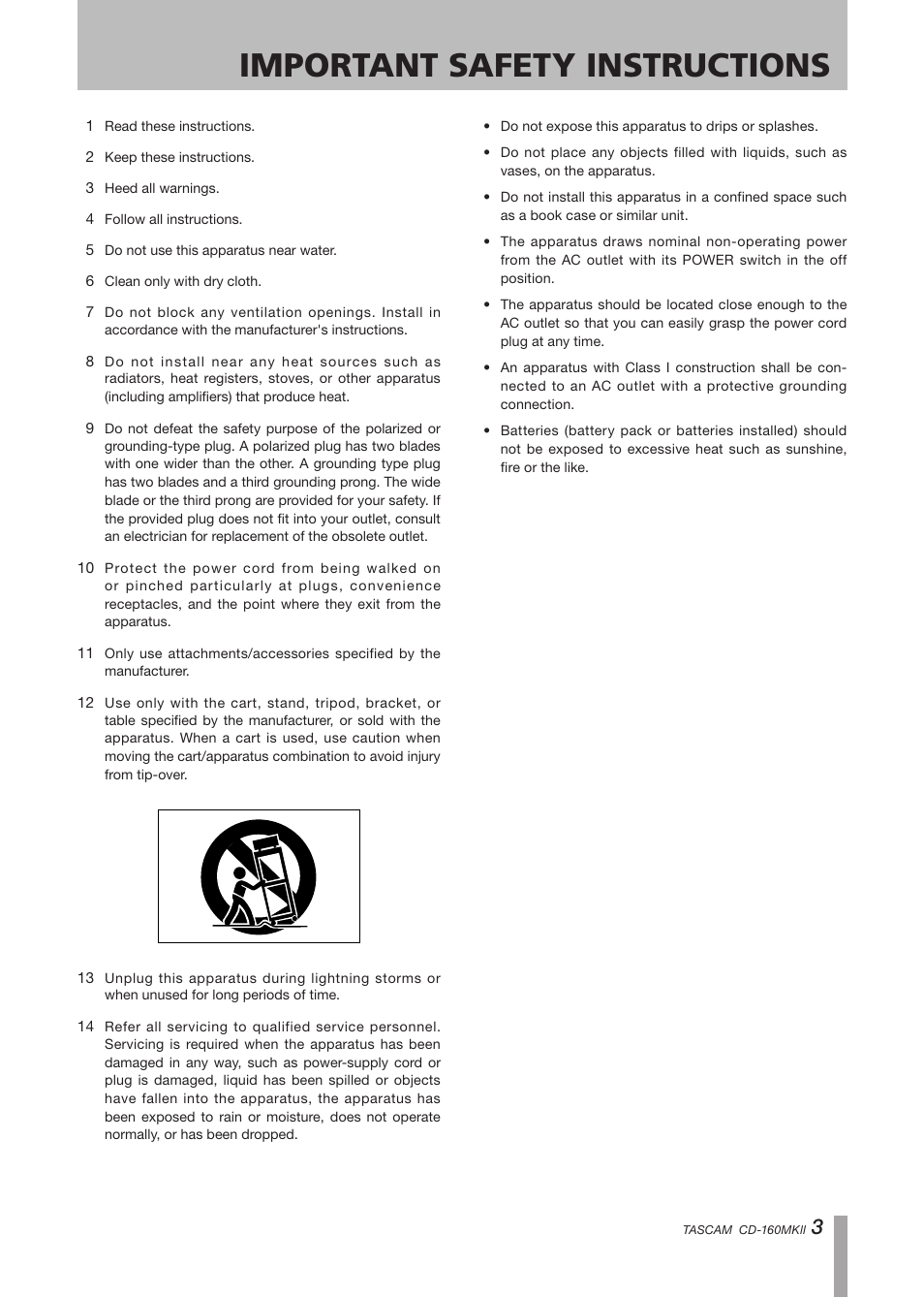 Important safety instructions | Tascam CD-160MK User Manual | Page 3 / 24