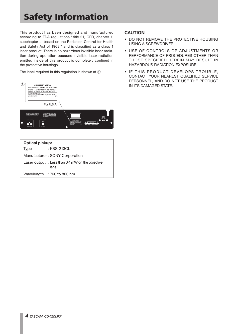 Safety information | Tascam CD-160MK User Manual | Page 4 / 24