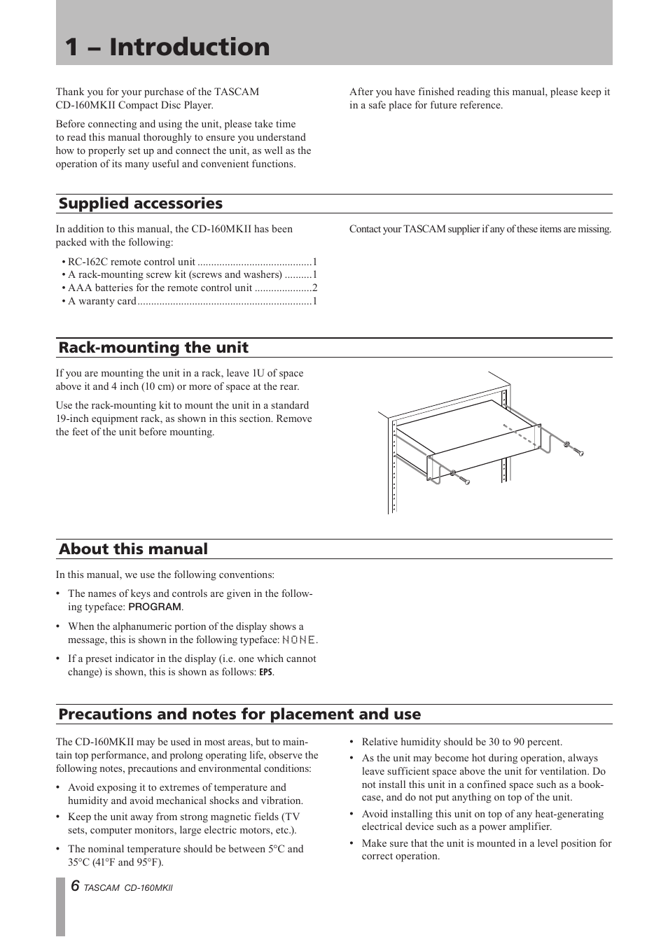 1 − introduction, Supplied accessories, Rack-mounting the unit | About this manual | Tascam CD-160MK User Manual | Page 6 / 24