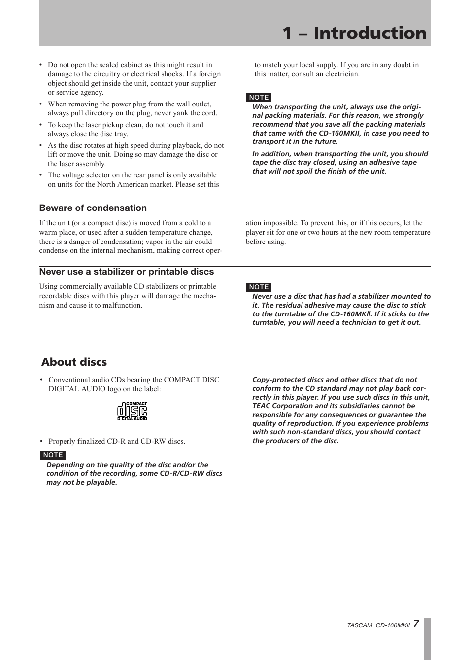 Precautions and notes for placement and use, Beware of condensation, Never use a stabilizer or printable discs | Beware of condensation never use a stabilizer or, Printable discs, 1 − introduction, About discs | Tascam CD-160MK User Manual | Page 7 / 24
