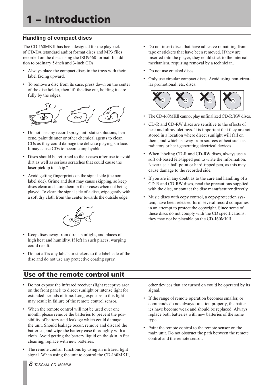 About discs, Handling of compact discs, 1 − introduction | Use of the remote control unit | Tascam CD-160MK User Manual | Page 8 / 24