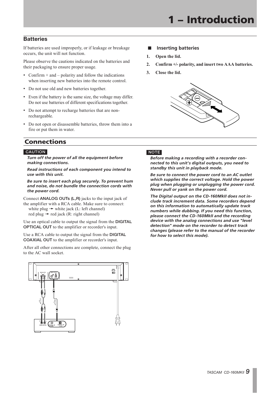 Use of the remote control unit, Batteries, Connections | Inserting batteries, 1 − introduction | Tascam CD-160MK User Manual | Page 9 / 24