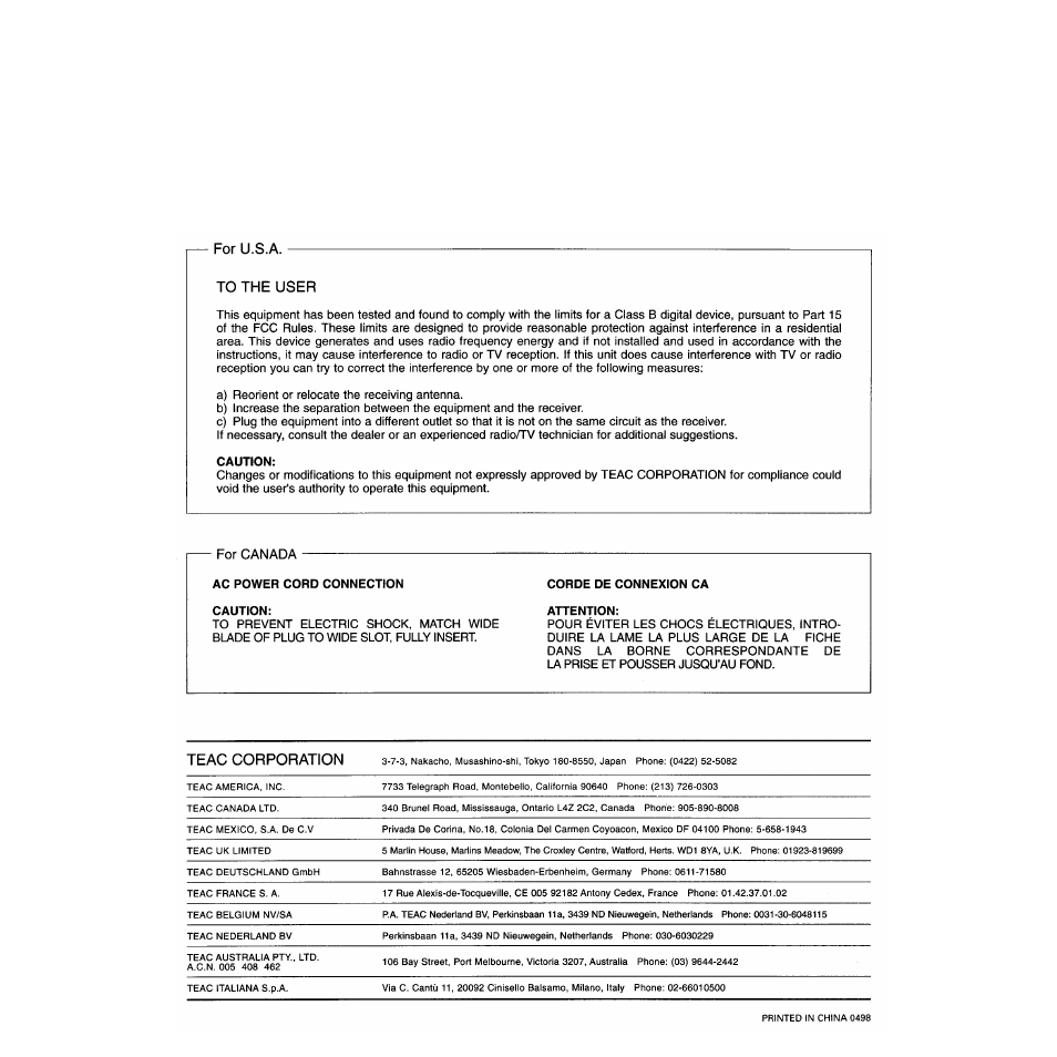 For u.s.a, To the user, For u.s.a. to the user | Teac corporation | Tascam 130 User Manual | Page 10 / 10