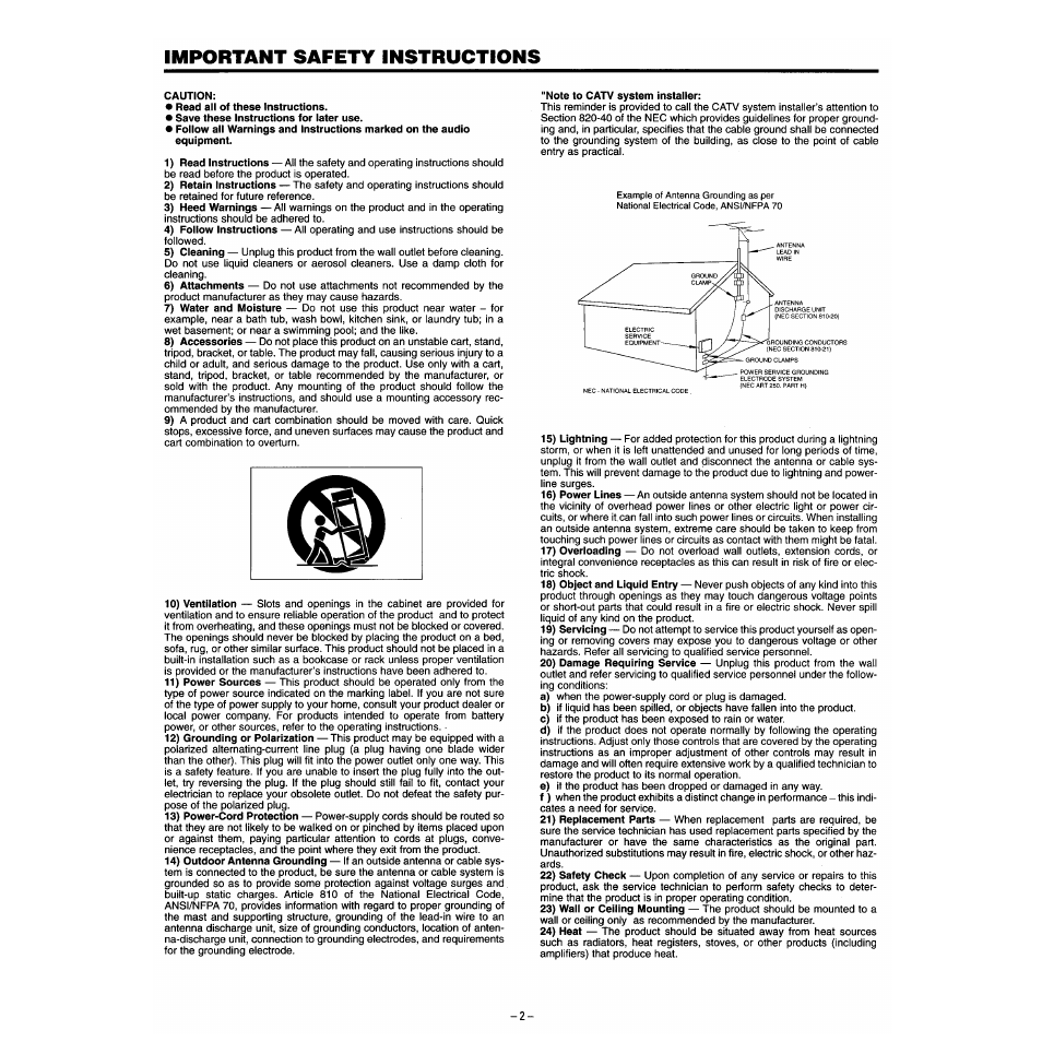 Caution, Note to catv system installer, Important safety instructions | Tascam 130 User Manual | Page 2 / 10