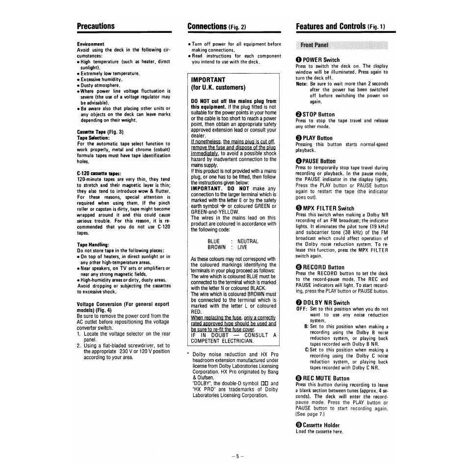 Environment, Cassene tape (fig. 3), Tape selection | C-120 cassette tapes, Tape handling, O power switch, 0stop button, 0 play button, O pause button, Mpx filter switch | Tascam 130 User Manual | Page 5 / 10