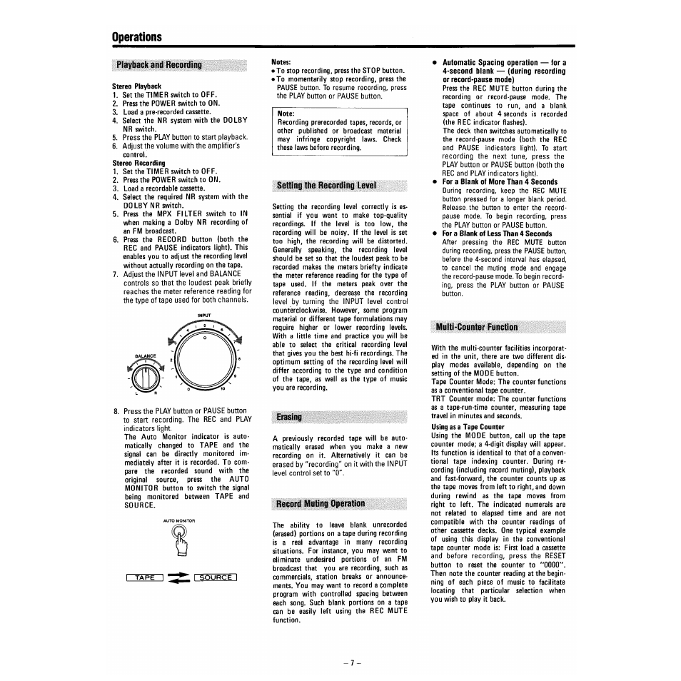 Operations, Playback ana recording, Stereo playback | Notes, Setting the recording levei, Erasing, Record muting operation, Multi-counter function | Tascam 130 User Manual | Page 7 / 10