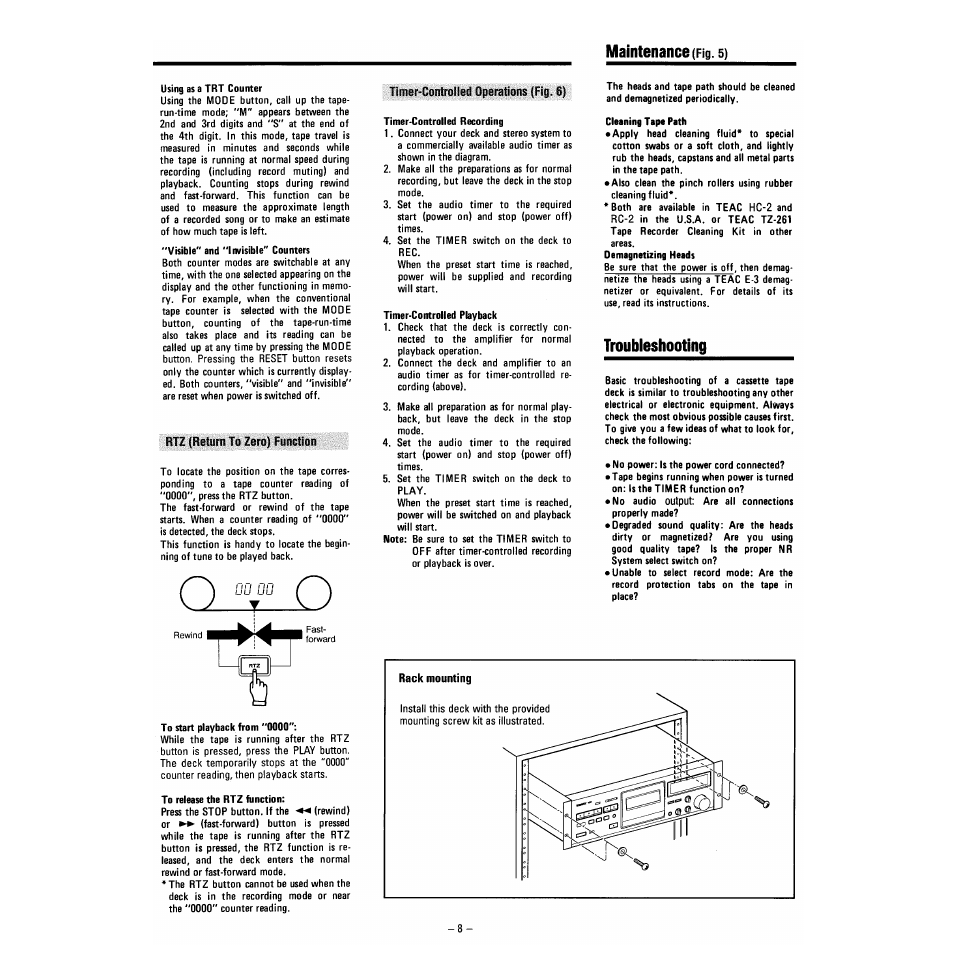 Maintenance (fig. 5), Using as a trt counter, Visible" and "invisible" counters | Rtz (return to zero) function, To start playback from "0000, To release the rtz function, Timer-conlroned operations (fig. 6), Timer-controlled recording, Timer-controlled playback, Cleaning tape path | Tascam 130 User Manual | Page 8 / 10