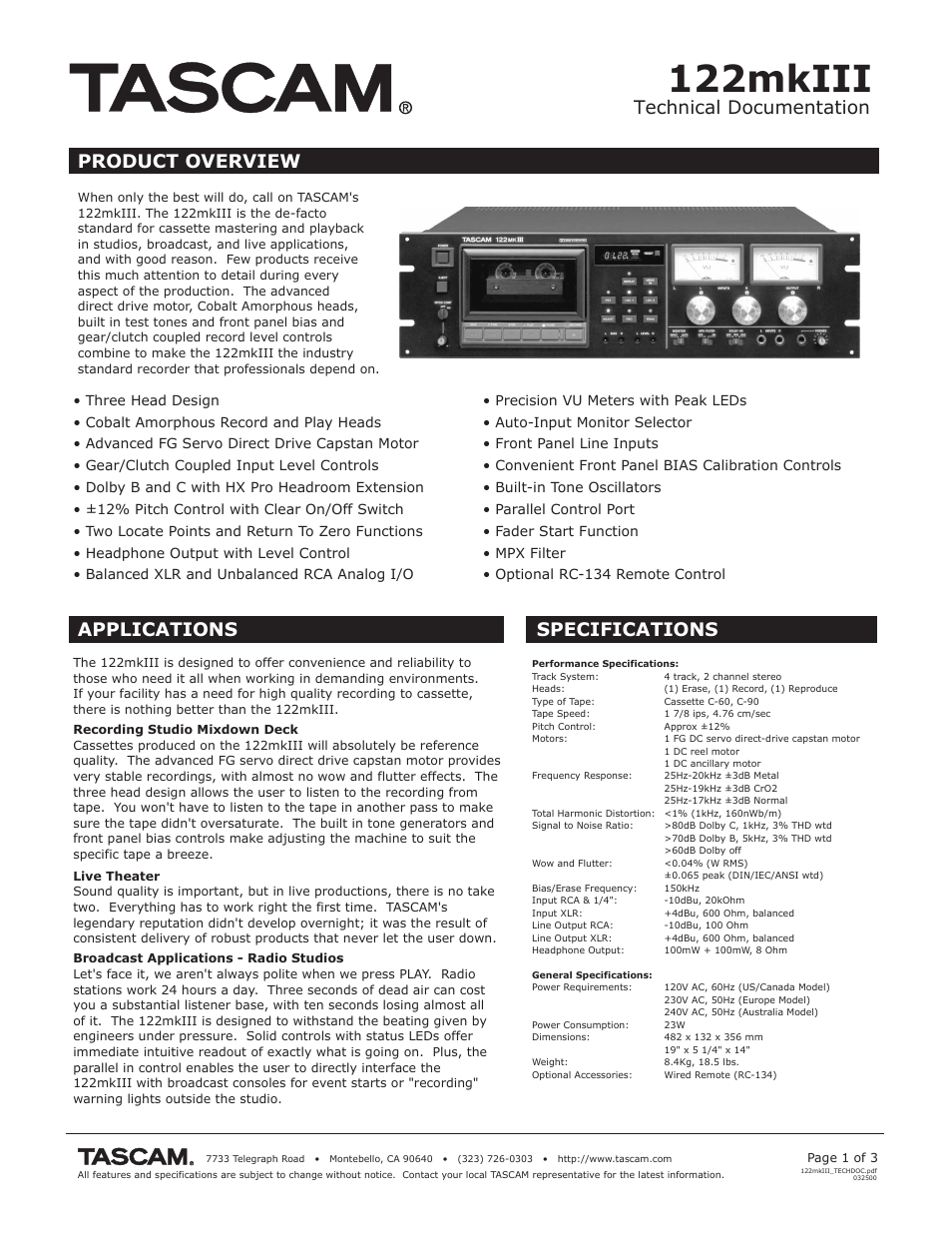 Tascam 122MKIII User Manual | 3 pages