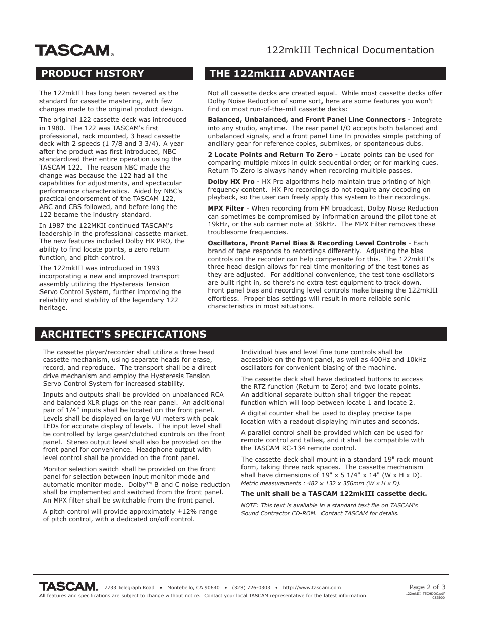 122mkiii technical documentation, Product history, The 122mkiii advantage architect's specifications | Tascam 122MKIII User Manual | Page 2 / 3