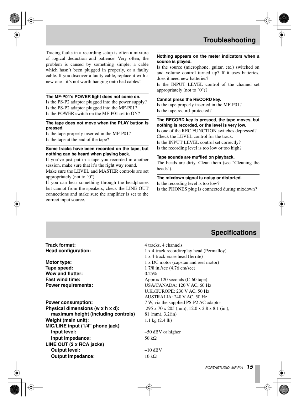 Specifications troubleshooting | Tascam MF-P01 User Manual | Page 15 / 16