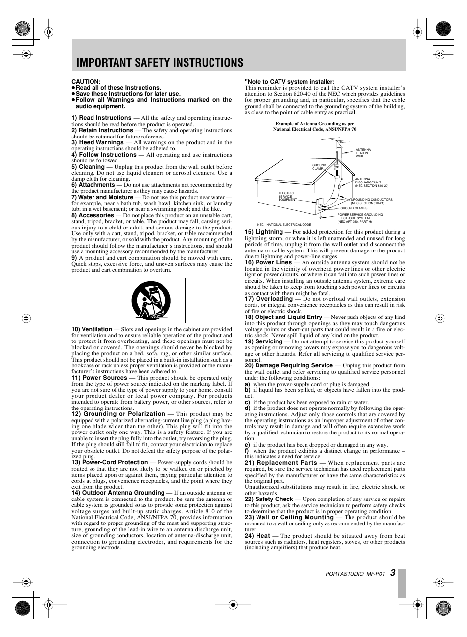 Important safety instructions | Tascam MF-P01 User Manual | Page 3 / 16