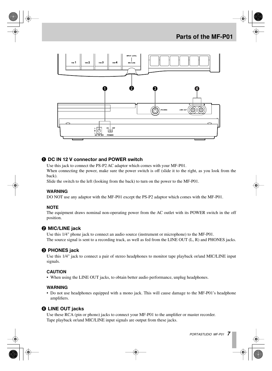 Parts of the mf-p01 | Tascam MF-P01 User Manual | Page 7 / 16