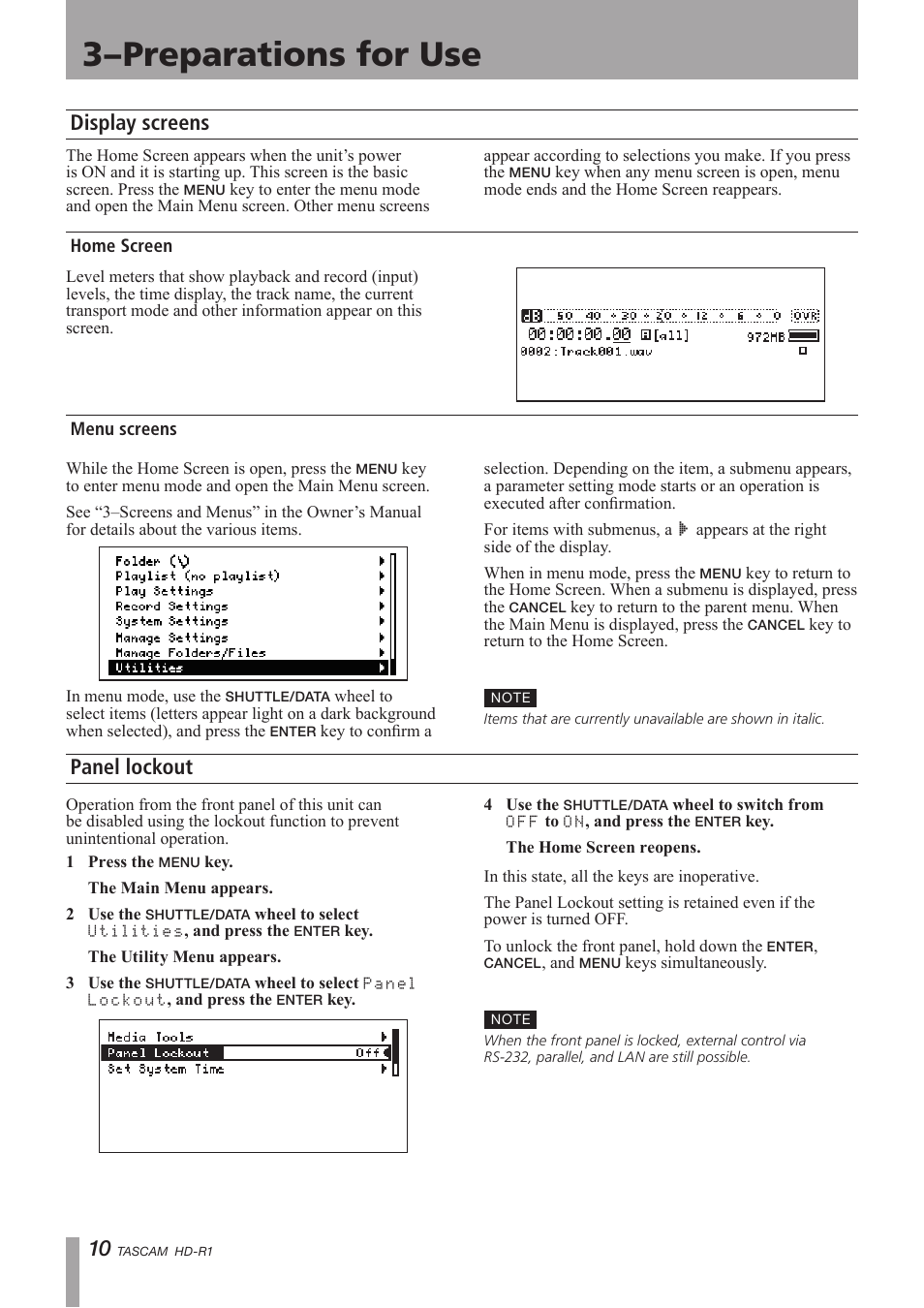 Display screens, Home screen, Menu screens | Panel lockout, 3–preparations for use | Tascam HD-R1 User Manual | Page 10 / 24