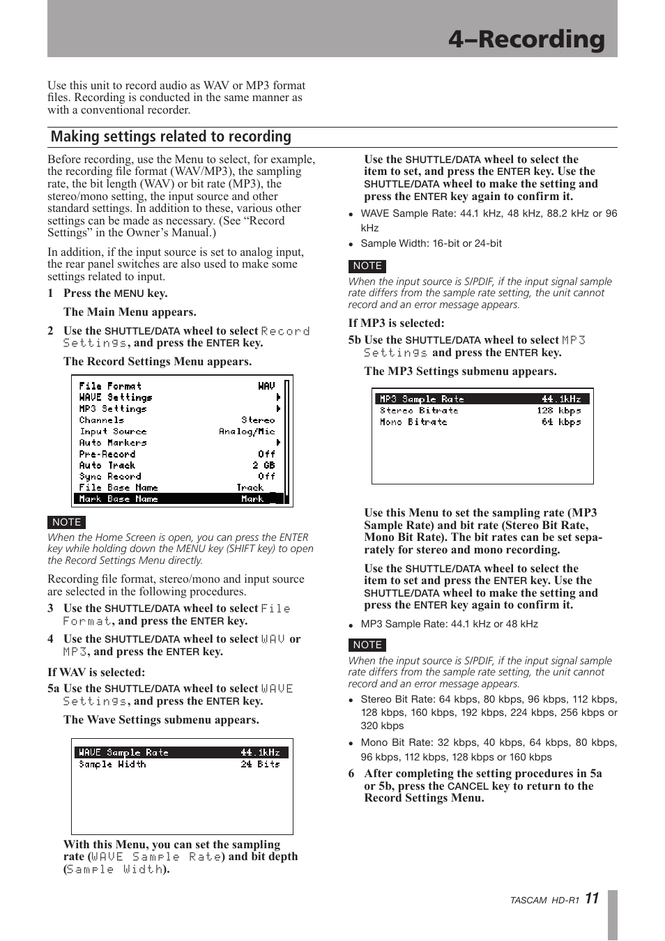 Recording, Making settings related to recording, 4–recording | Tascam HD-R1 User Manual | Page 11 / 24