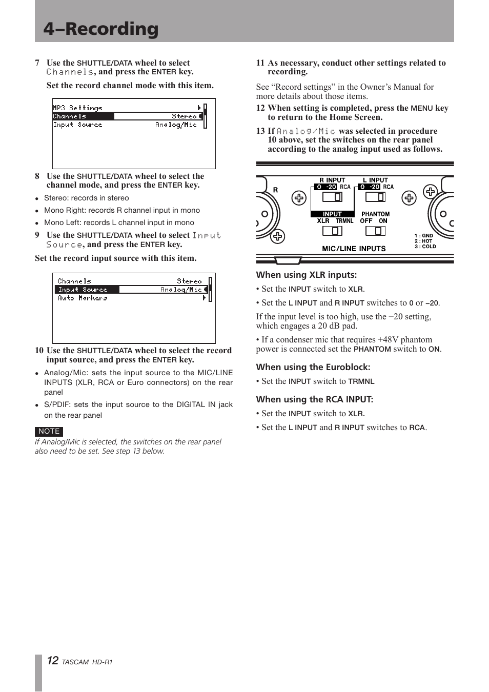 4–recording | Tascam HD-R1 User Manual | Page 12 / 24