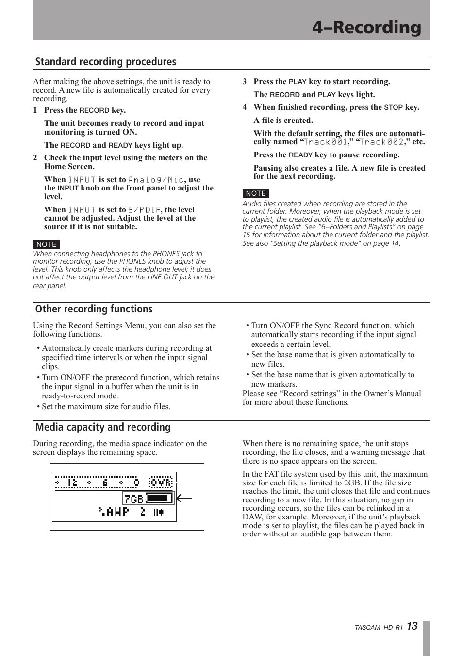 Standard recording procedures, Other recording functions, Media capacity and recording | 4–recording | Tascam HD-R1 User Manual | Page 13 / 24