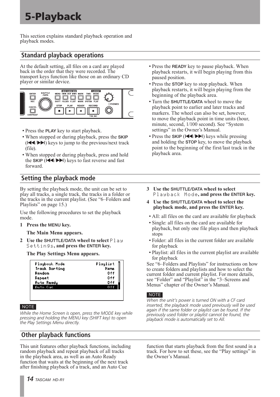 Playback, Standard playback operations, Setting the playback mode | Other playback functions | Tascam HD-R1 User Manual | Page 14 / 24