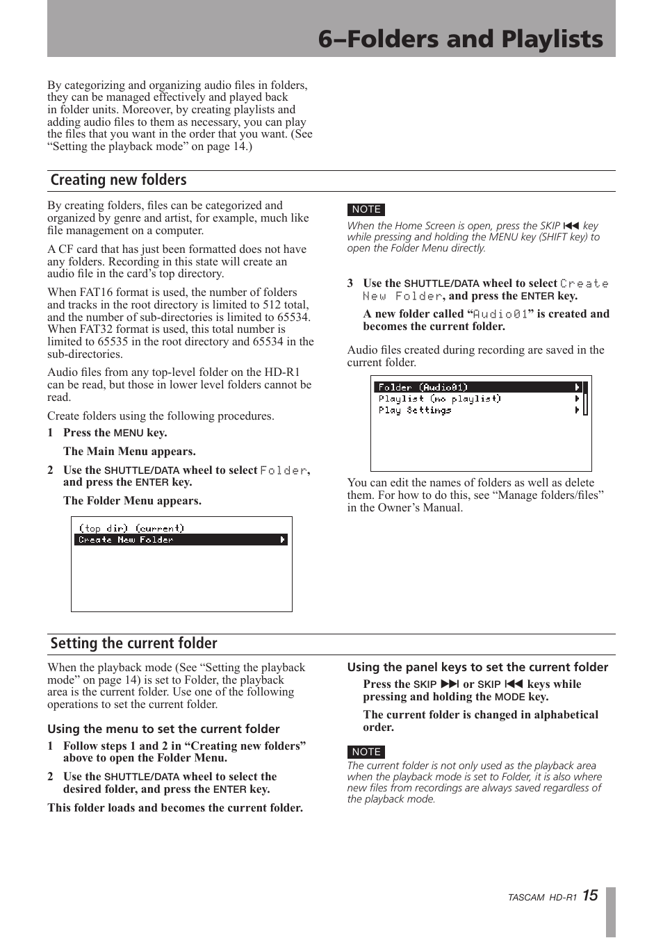 Folders and playlists, Creating new folders, Setting the current folder | 6–folders and playlists, Creating new folders setting the current folder | Tascam HD-R1 User Manual | Page 15 / 24