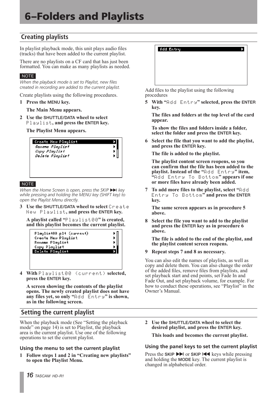 Creating playlists, Setting the current playlist, 6–folders and playlists | Creating playlists setting the current playlist | Tascam HD-R1 User Manual | Page 16 / 24