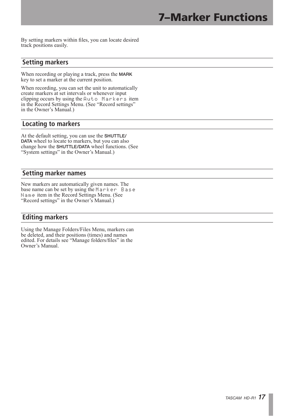 Marker functions, Setting markers, Locating to markers | Setting marker names, Editing markers, 7–marker functions | Tascam HD-R1 User Manual | Page 17 / 24