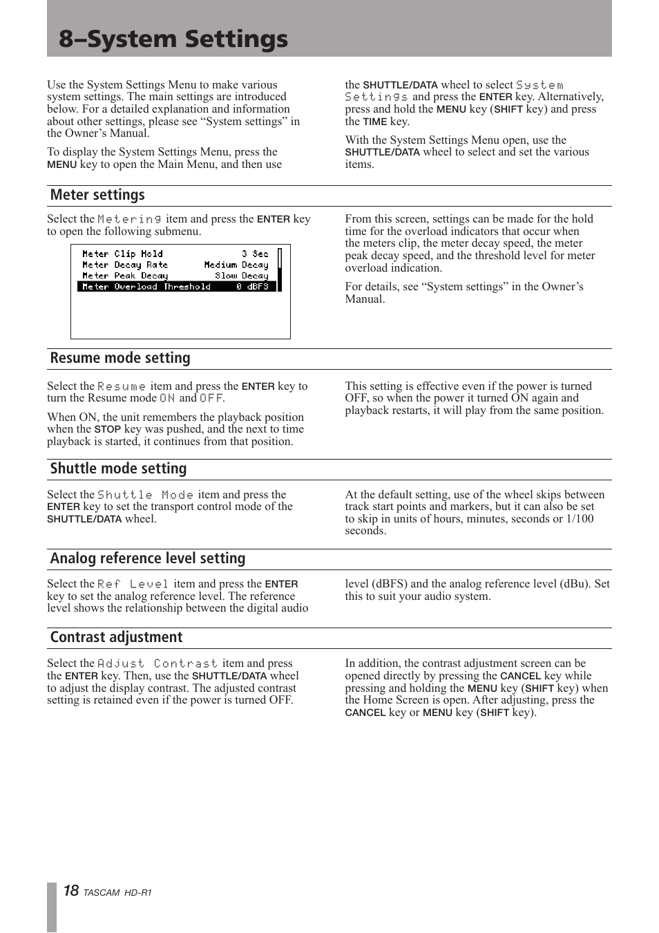 System settings, Meter settings, Resume mode setting | Shuttle mode setting, Analog reference level setting, Contrast adjustment, 8–system settings | Tascam HD-R1 User Manual | Page 18 / 24