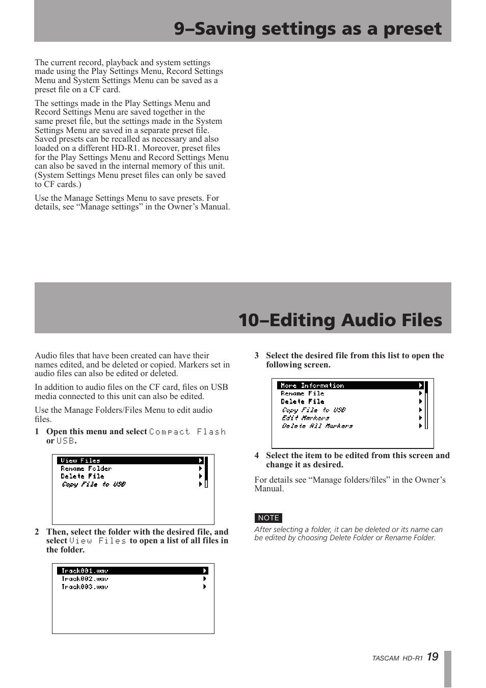 Saving settings as a preset, Editing audio files, 9–saving settings as a preset | 10–editing audio files | Tascam HD-R1 User Manual | Page 19 / 24