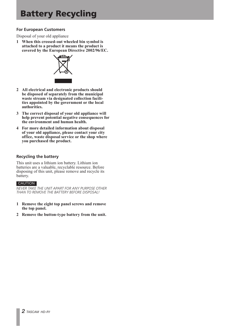 Battery recycling | Tascam HD-R1 User Manual | Page 2 / 24