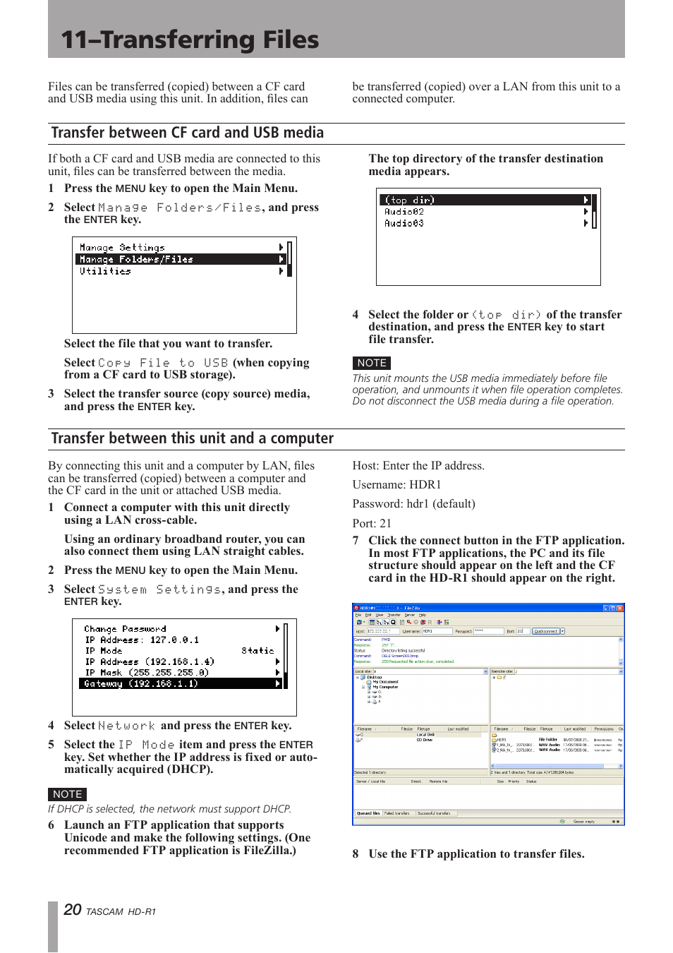Transferring files, Transfer between cf card and usb media, Transfer between this unit and a computer | 11–transferring files | Tascam HD-R1 User Manual | Page 20 / 24