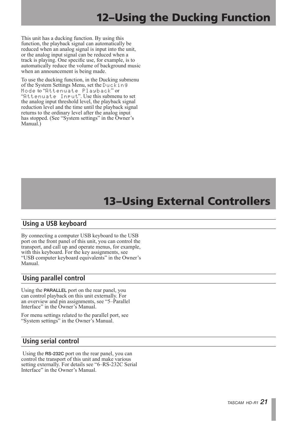 Using the ducking function, Using external controllers, Using a usb keyboard | Using parallel control, Using serial control, 12–using the ducking function, 13–using external controllers | Tascam HD-R1 User Manual | Page 21 / 24