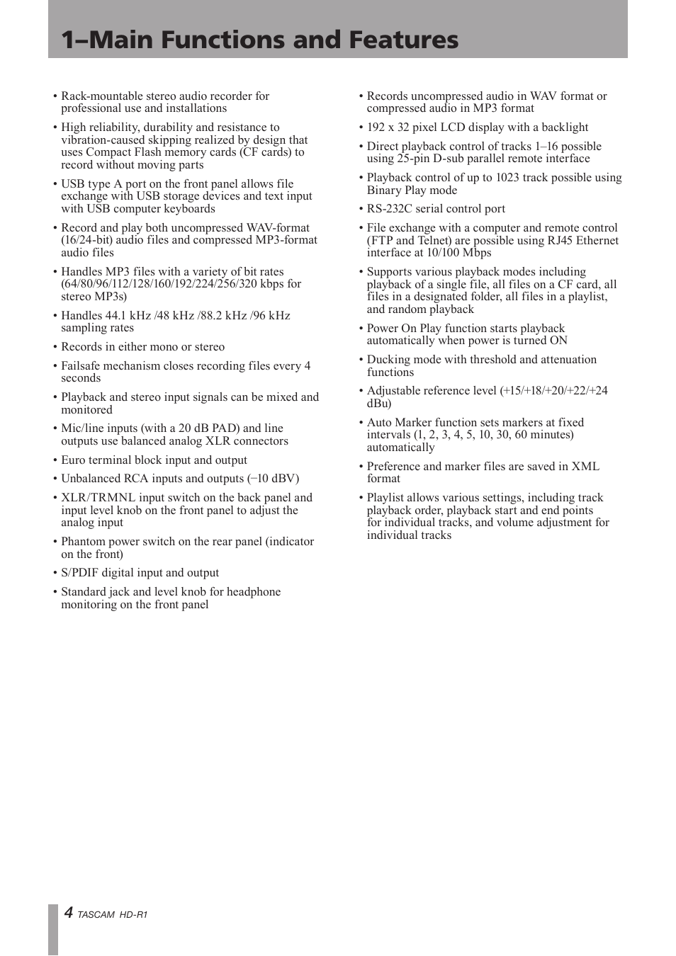 Main functions and features, 1–main functions and features | Tascam HD-R1 User Manual | Page 4 / 24