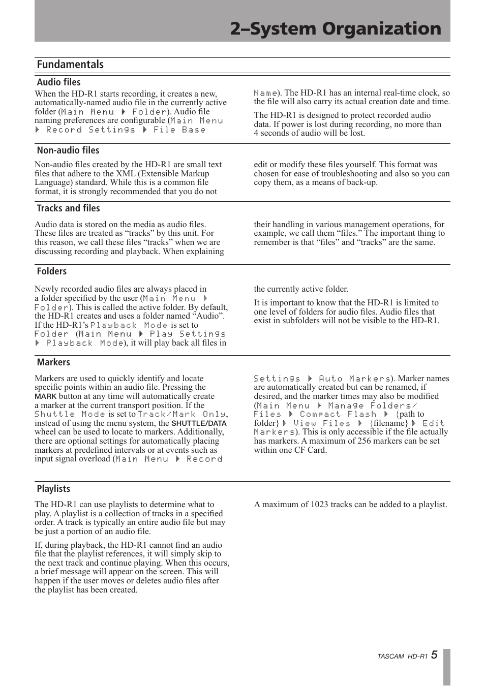 System organization, Fundamentals, Audio files | Non-audio files, Tracks and files, Folders, Markers, Playlists, 2–system organization | Tascam HD-R1 User Manual | Page 5 / 24